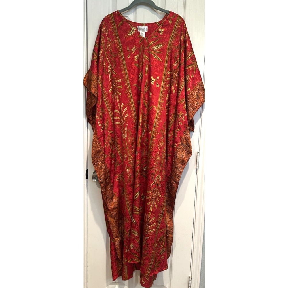 Vtg Sante Red Gold Floral MuuMuu Caftan Maxi Dress One Size Asian Pullover